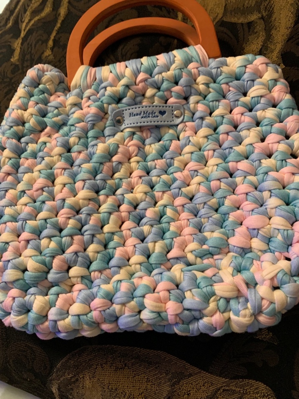 Multi Color Pink, Blue,and white Crocheted Handmade Handbag with wooden Handles